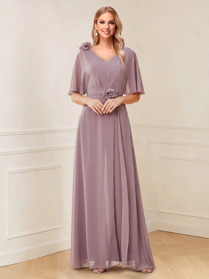 Chiffon V-Neck Half Sleeveless Mother of the Bride Pantsuits with 3D Floral