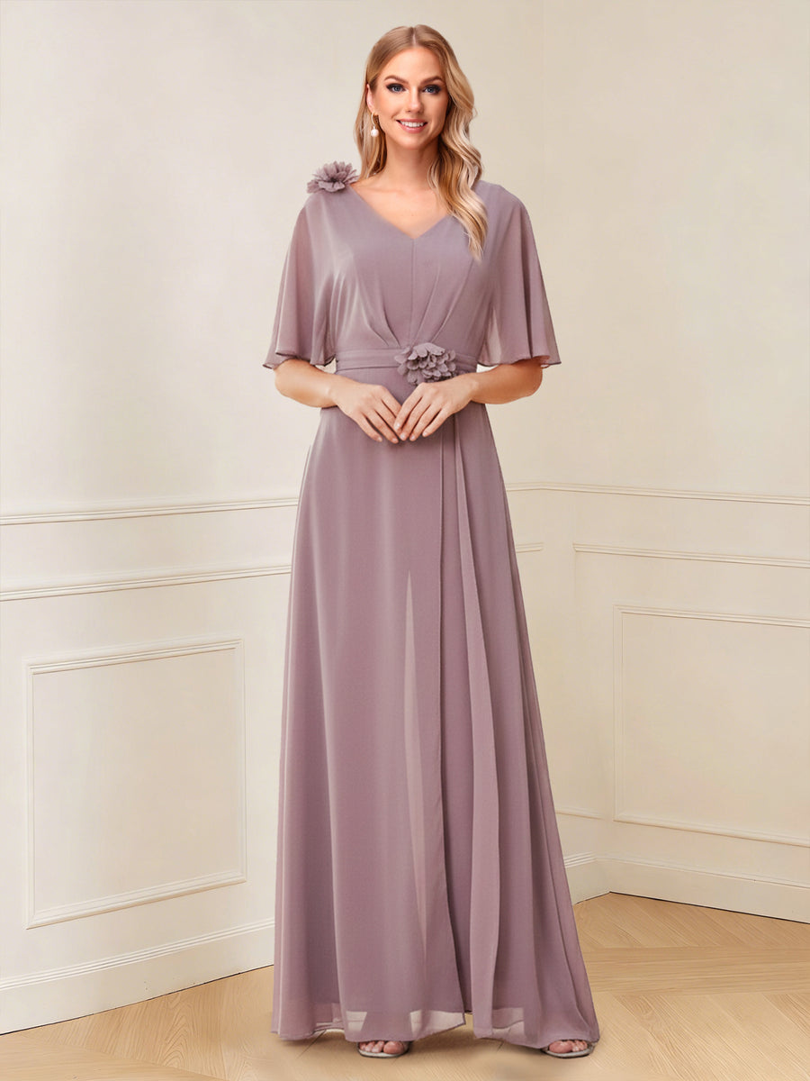Chiffon V-Neck Half Sleeveless Mother of the Bride Pantsuits with 3D Floral