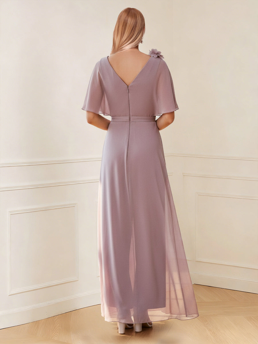 Chiffon V-Neck Half Sleeveless Mother of the Bride Pantsuits with 3D Floral