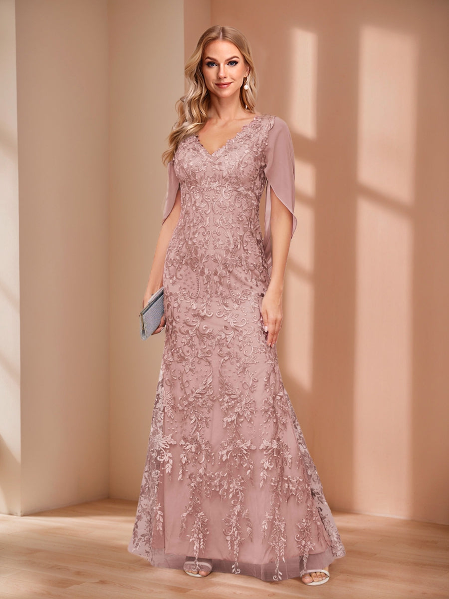 Sheath/Column V-Neck Short Sleeves Appliques Mother of the Bride Dresses with Cape