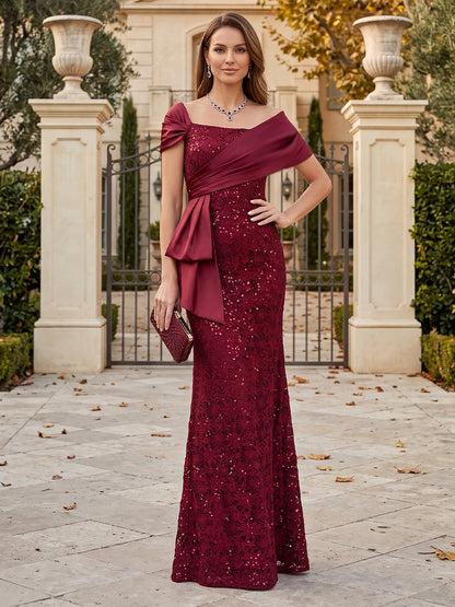 Sheath/Column Off the Shoulder Lace Mother of the Bride Dresses with Cape & Sequins