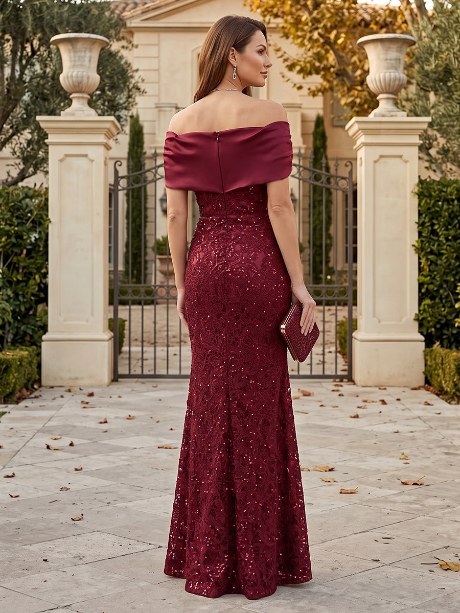 Sheath/Column Off the Shoulder Lace Mother of the Bride Dresses with Cape & Sequins