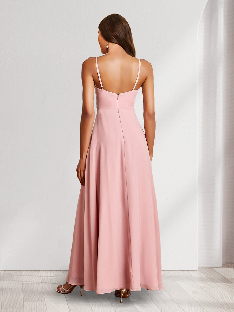 Trumpet/Mermaid Straps V-Neck Chiffon Bridesmaid Dresses with Ruffles & Split Side