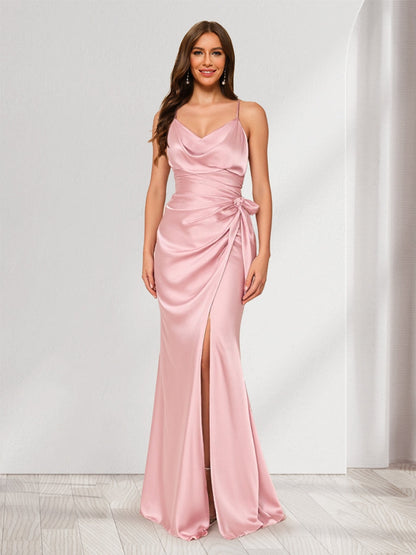 Sheath/Column Straps Cowl Neck Ruched Long Bridesmaid Dresses with Split Side