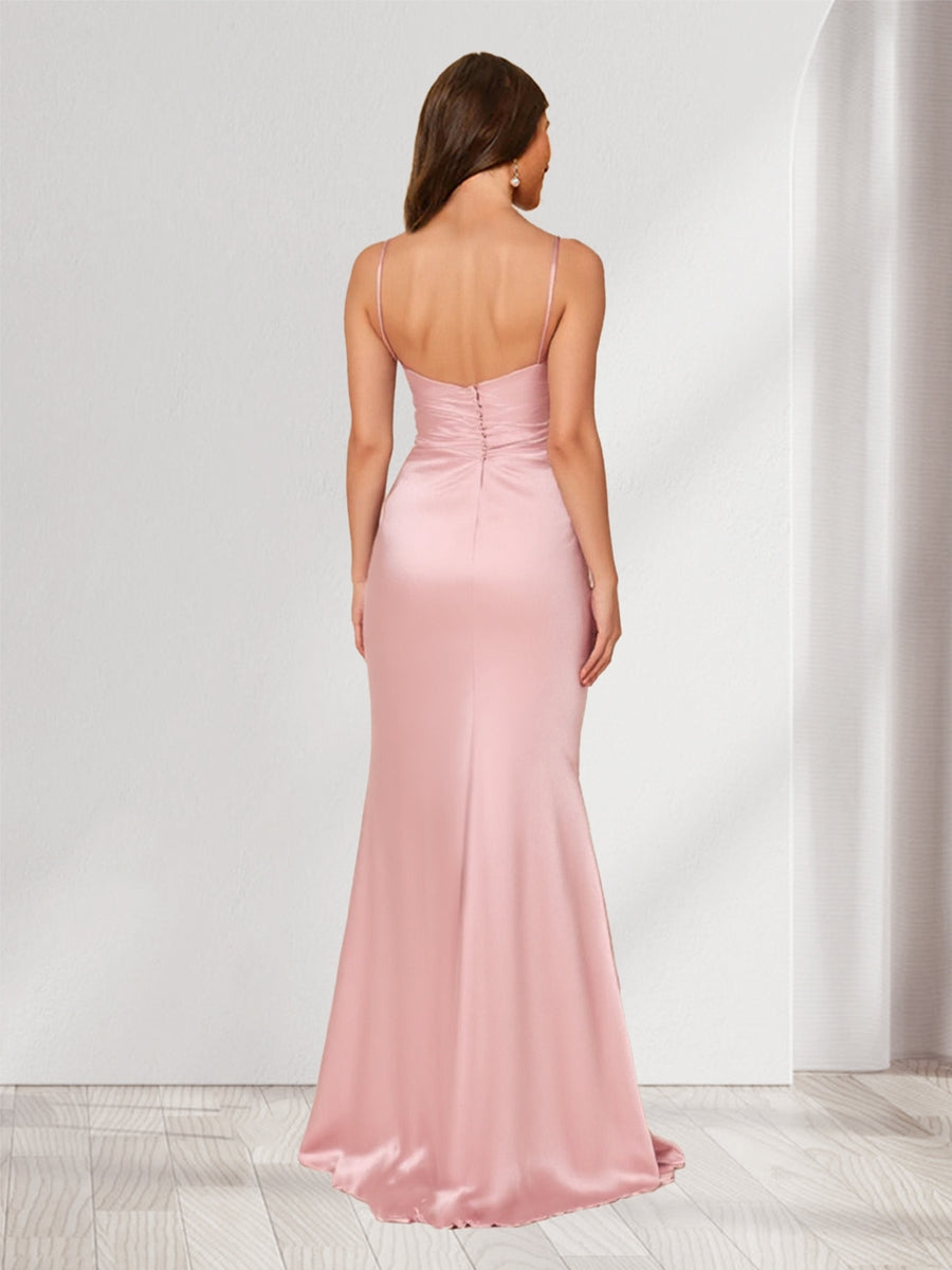Sheath/Column Straps Cowl Neck Ruched Long Bridesmaid Dresses with Split Side