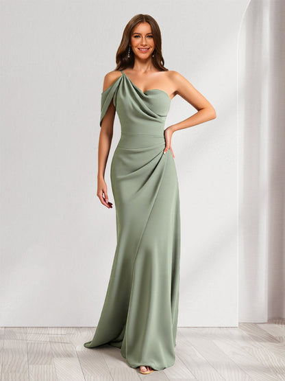 Sheath/Column Asymmetrical One-Shoulder Ruched Long Bridesmaid Dresses