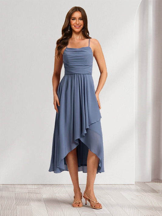 A-Line/Princess Straps Tea-Length Asymmetrical Chiffon Bridesmaid Dresses