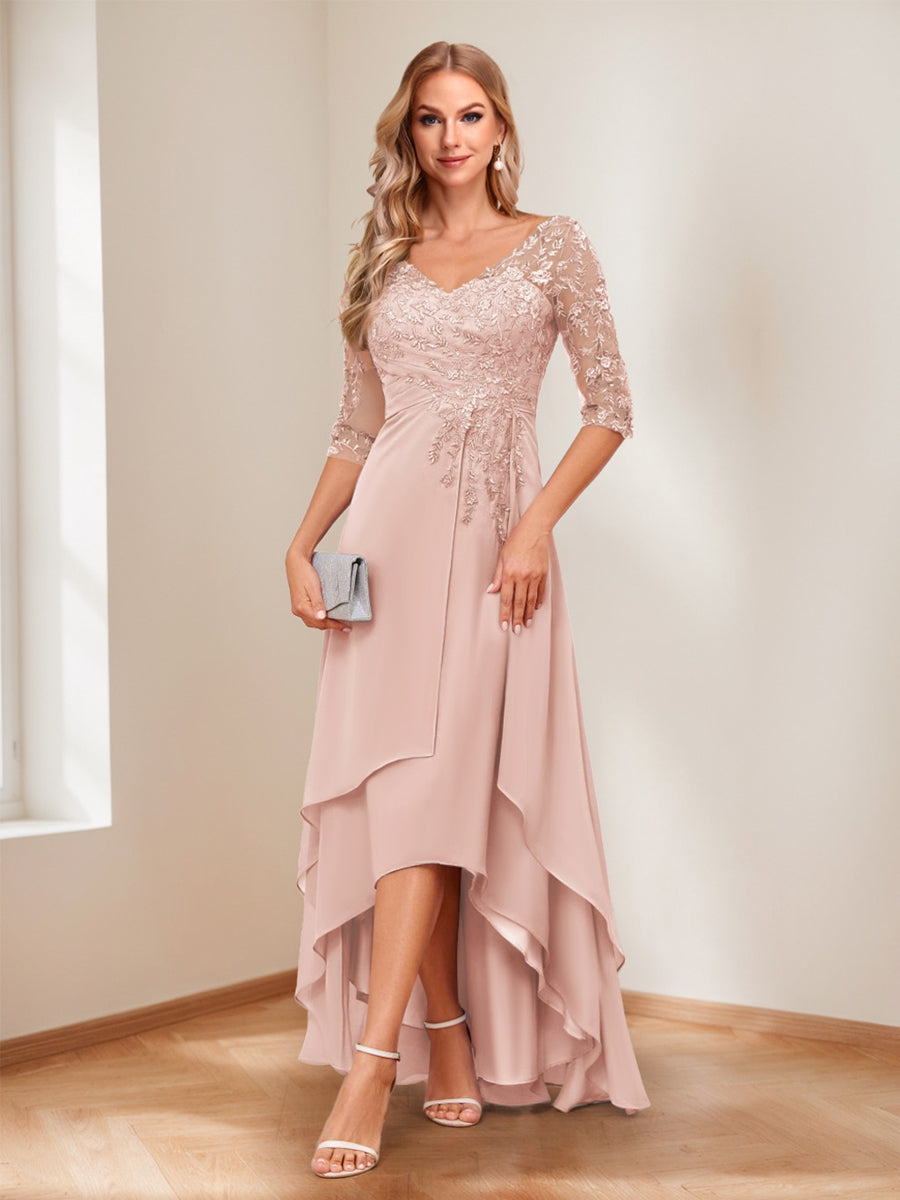 A-Line/Princess V-Neck Half Sleeves Asymmetrical Mother of the Bride Dresses with Appliques