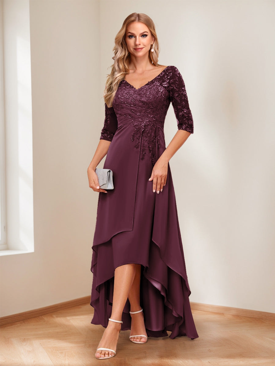 A-Line/Princess V-Neck Half Sleeves Asymmetrical Mother of the Bride Dresses with Appliques