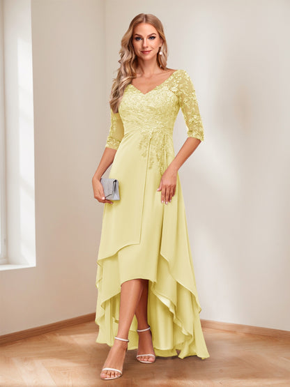 A-Line/Princess V-Neck Half Sleeves Asymmetrical Mother of the Bride Dresses with Appliques