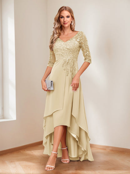 A-Line/Princess V-Neck Half Sleeves Asymmetrical Mother of the Bride Dresses with Appliques