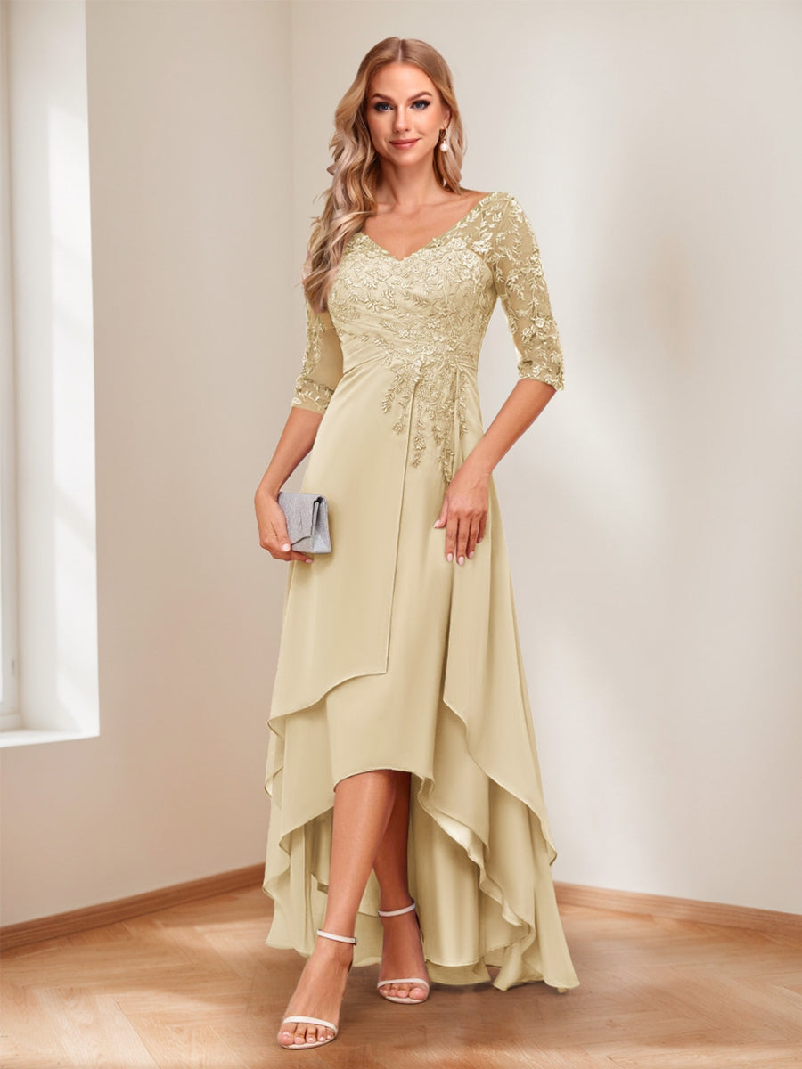 A-Line/Princess V-Neck Half Sleeves Asymmetrical Mother of the Bride Dresses with Appliques