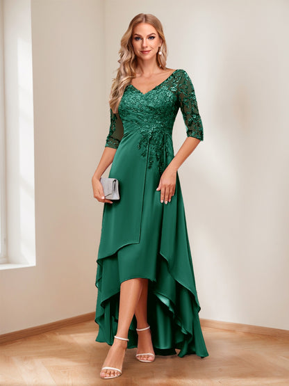 A-Line/Princess V-Neck Half Sleeves Asymmetrical Mother of the Bride Dresses with Appliques