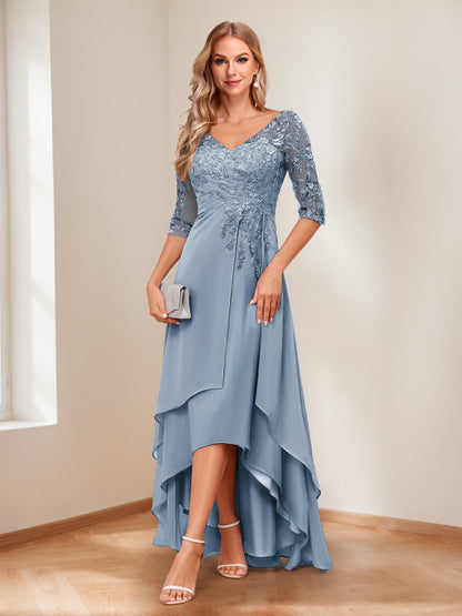 A-Line/Princess V-Neck Half Sleeves Asymmetrical Mother of the Bride Dresses with Appliques