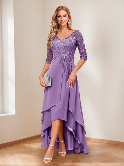 A-Line/Princess V-Neck Half Sleeves Asymmetrical Mother of the Bride Dresses with Appliques