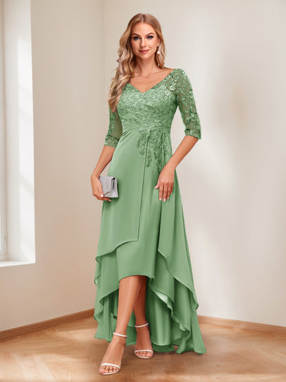 A-Line/Princess V-Neck Half Sleeves Asymmetrical Mother of the Bride Dresses with Appliques