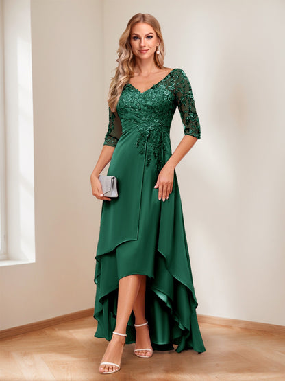 A-Line/Princess V-Neck Half Sleeves Asymmetrical Mother of the Bride Dresses with Appliques
