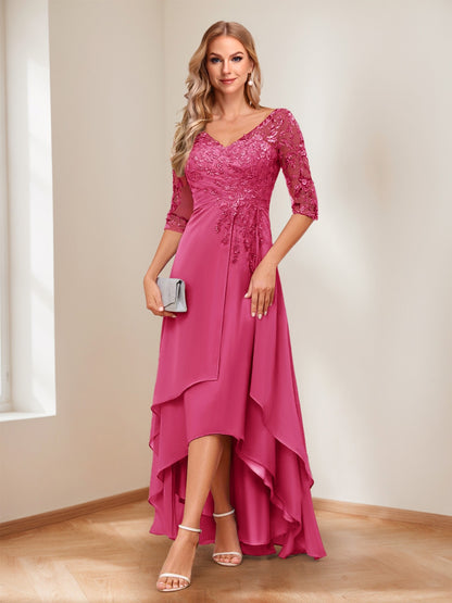 A-Line/Princess V-Neck Half Sleeves Asymmetrical Mother of the Bride Dresses with Appliques