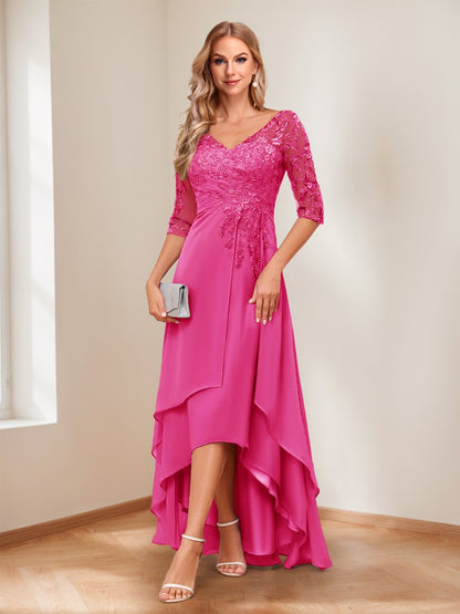 A-Line/Princess V-Neck Half Sleeves Asymmetrical Mother of the Bride Dresses with Appliques
