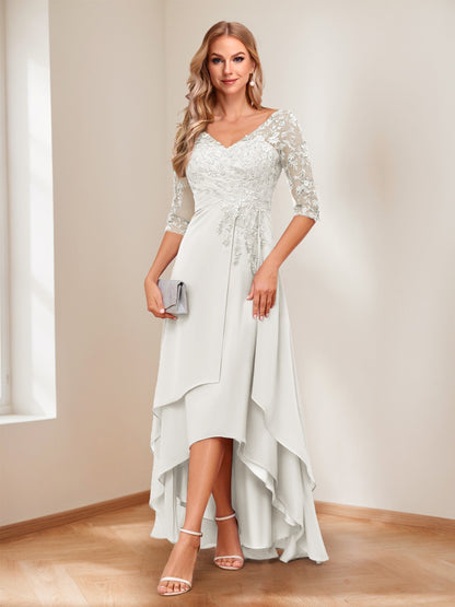 A-Line/Princess V-Neck Half Sleeves Asymmetrical Mother of the Bride Dresses with Appliques
