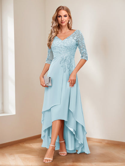 A-Line/Princess V-Neck Half Sleeves Asymmetrical Mother of the Bride Dresses with Appliques