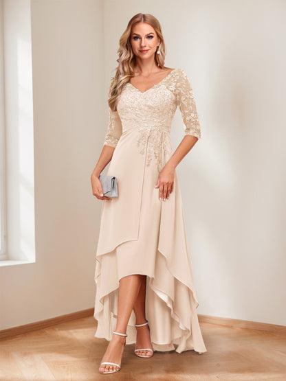 A-Line/Princess V-Neck Half Sleeves Asymmetrical Mother of the Bride Dresses with Appliques