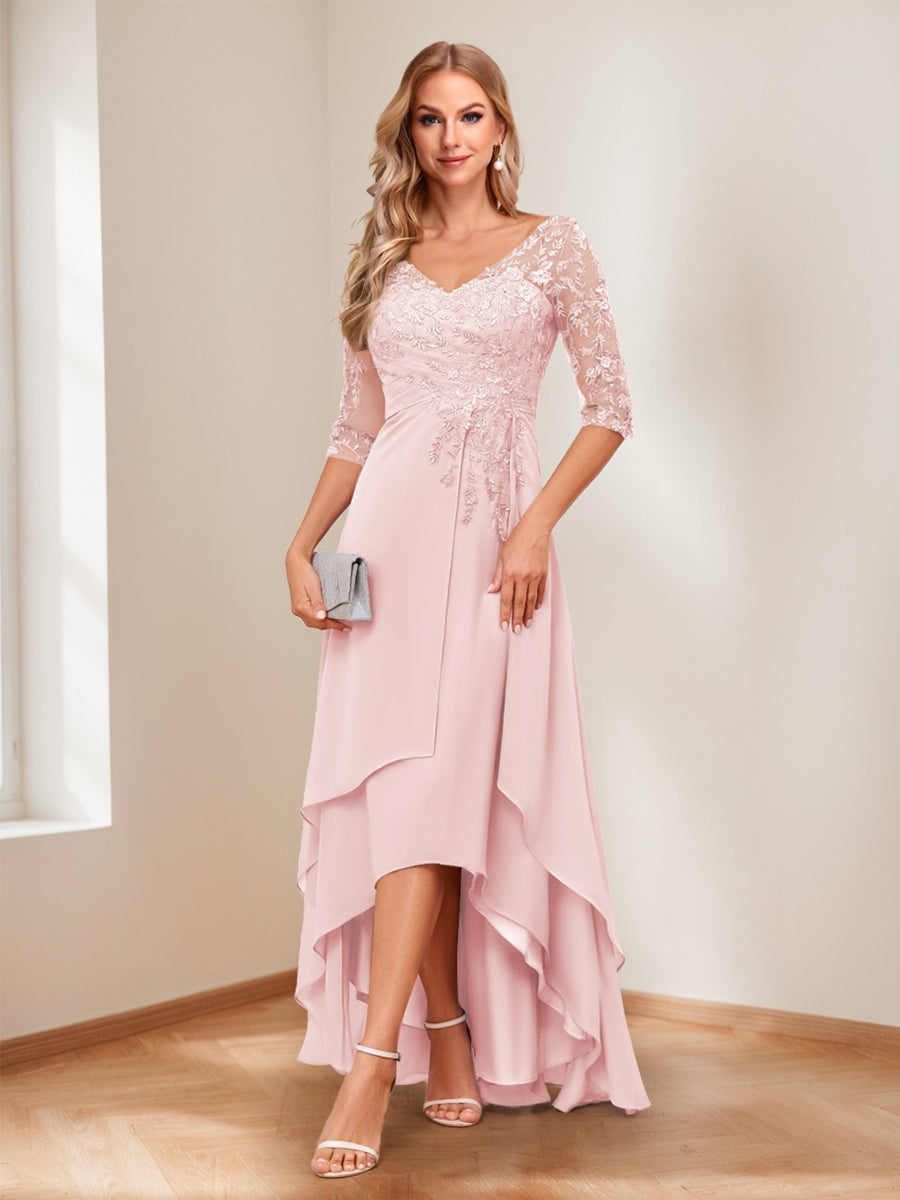A-Line/Princess V-Neck Half Sleeves Asymmetrical Mother of the Bride Dresses with Appliques