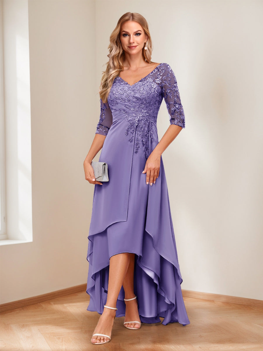 A-Line/Princess V-Neck Half Sleeves Asymmetrical Mother of the Bride Dresses with Appliques