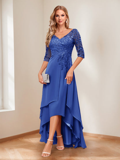 A-Line/Princess V-Neck Half Sleeves Asymmetrical Mother of the Bride Dresses with Appliques