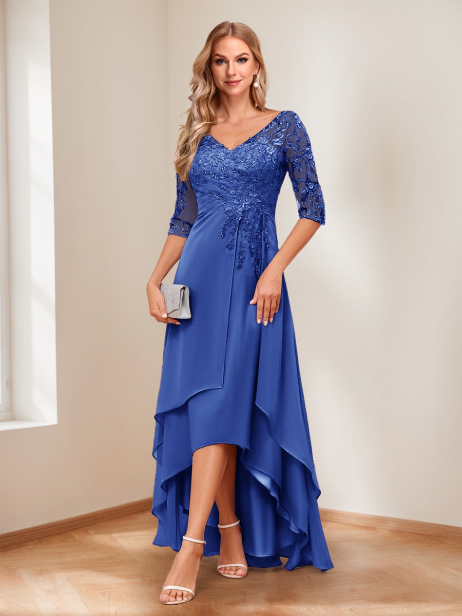 A-Line/Princess V-Neck Half Sleeves Asymmetrical Mother of the Bride Dresses with Appliques