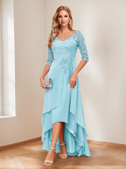 A-Line/Princess V-Neck Half Sleeves Asymmetrical Mother of the Bride Dresses with Appliques