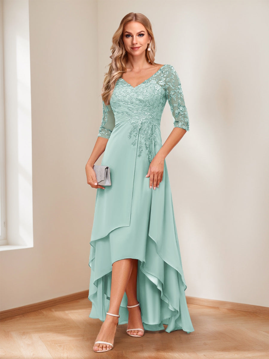 A-Line/Princess V-Neck Half Sleeves Asymmetrical Mother of the Bride Dresses with Appliques