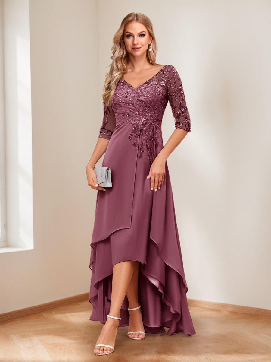 A-Line/Princess V-Neck Half Sleeves Asymmetrical Mother of the Bride Dresses with Appliques