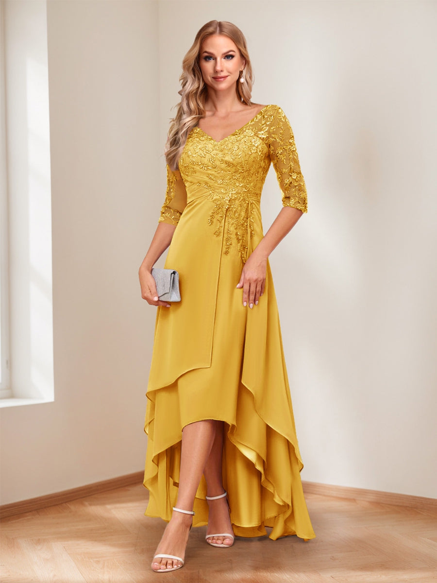 A-Line/Princess V-Neck Half Sleeves Asymmetrical Mother of the Bride Dresses with Appliques