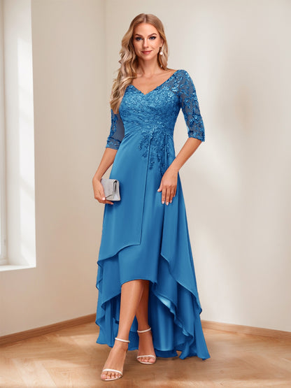 A-Line/Princess V-Neck Half Sleeves Asymmetrical Mother of the Bride Dresses with Appliques