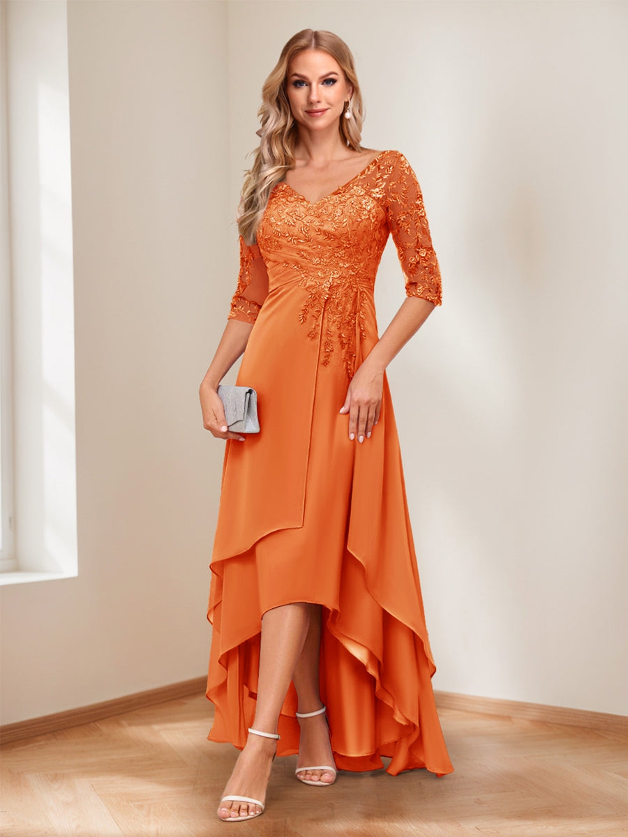 A-Line/Princess V-Neck Half Sleeves Asymmetrical Mother of the Bride Dresses with Appliques