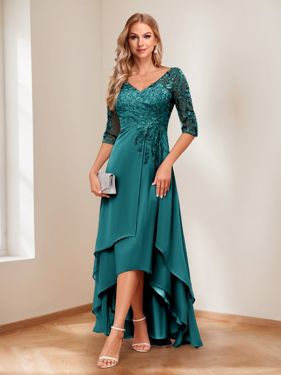 A-Line/Princess V-Neck Half Sleeves Asymmetrical Mother of the Bride Dresses with Appliques
