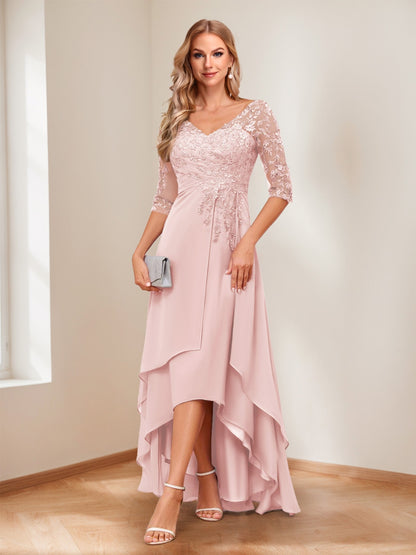 A-Line/Princess V-Neck Half Sleeves Asymmetrical Mother of the Bride Dresses with Appliques