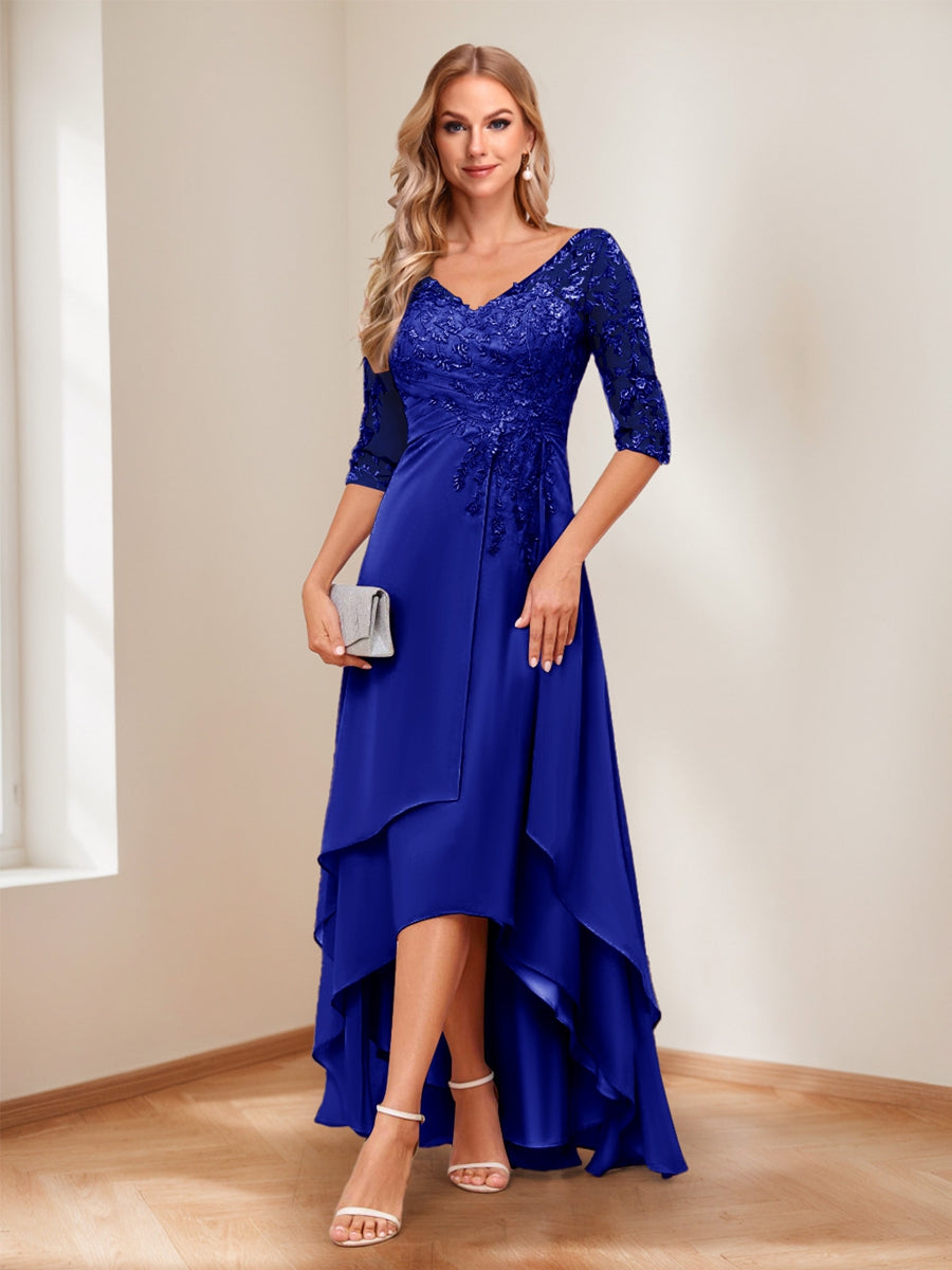 A-Line/Princess V-Neck Half Sleeves Asymmetrical Mother of the Bride Dresses with Appliques