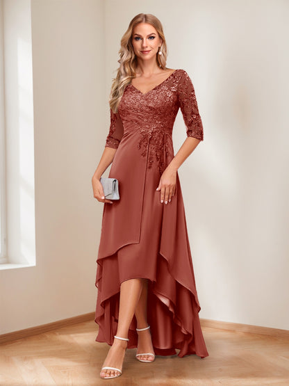 A-Line/Princess V-Neck Half Sleeves Asymmetrical Mother of the Bride Dresses with Appliques