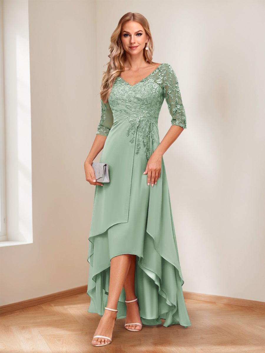 A-Line/Princess V-Neck Half Sleeves Asymmetrical Mother of the Bride Dresses with Appliques