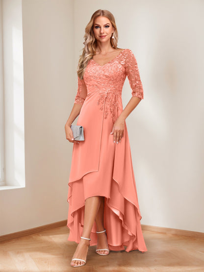 A-Line/Princess V-Neck Half Sleeves Asymmetrical Mother of the Bride Dresses with Appliques