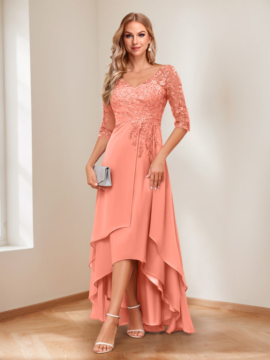 A-Line/Princess V-Neck Half Sleeves Asymmetrical Mother of the Bride Dresses with Appliques