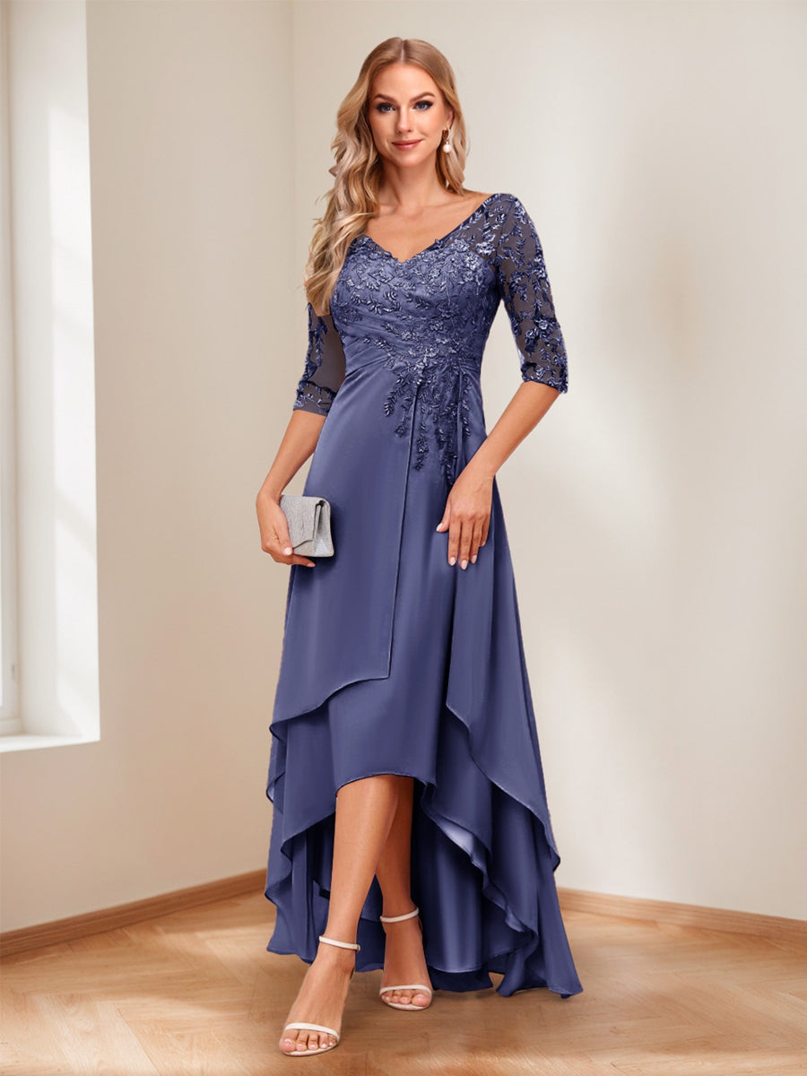 A-Line/Princess V-Neck Half Sleeves Asymmetrical Mother of the Bride Dresses with Appliques