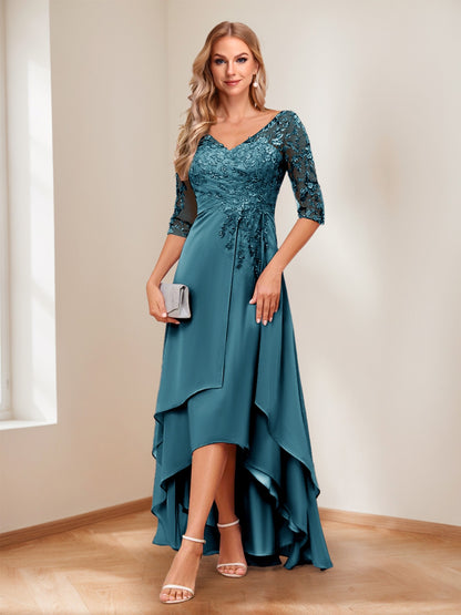 A-Line/Princess V-Neck Half Sleeves Asymmetrical Mother of the Bride Dresses with Appliques