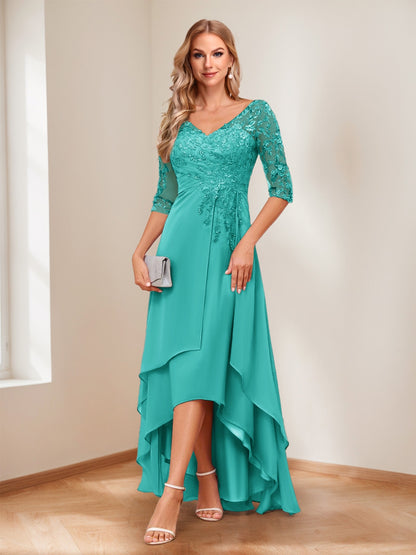 A-Line/Princess V-Neck Half Sleeves Asymmetrical Mother of the Bride Dresses with Appliques