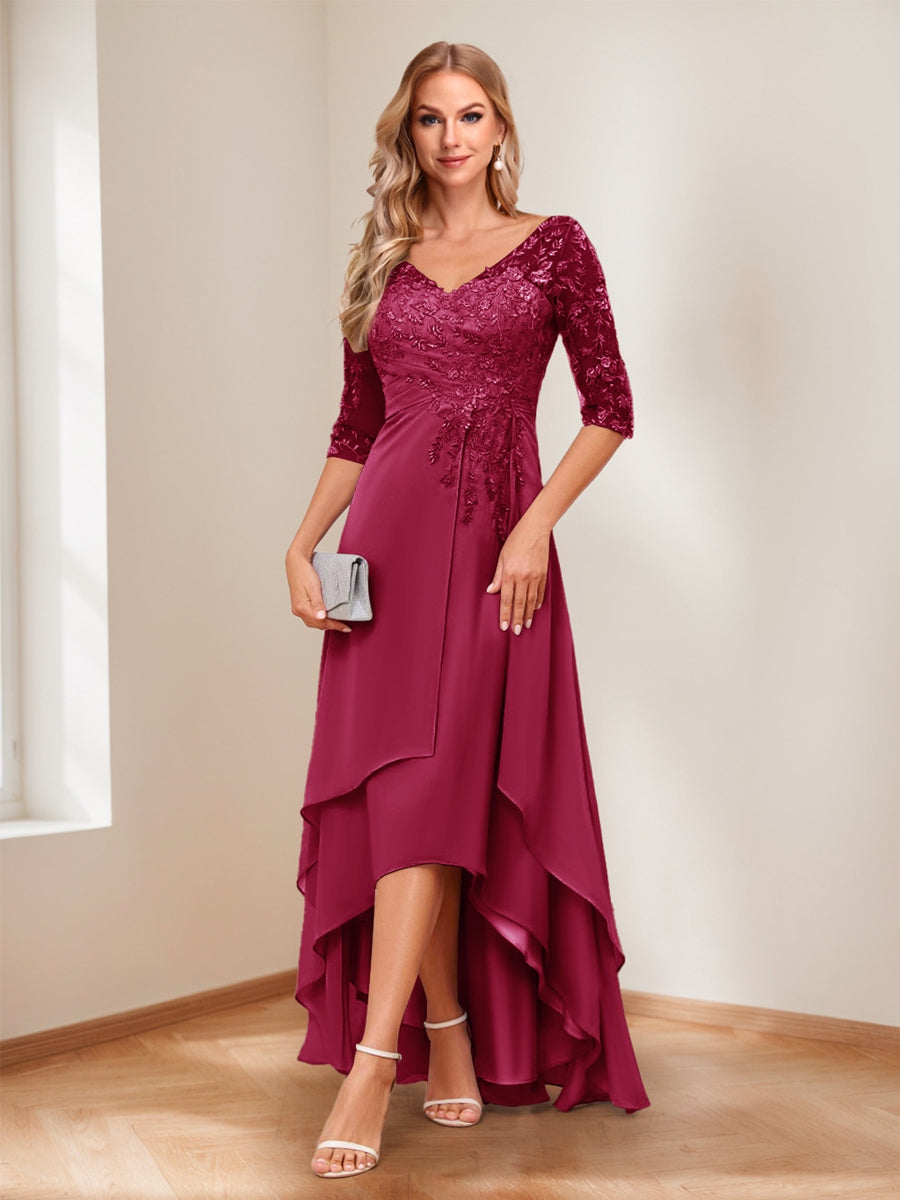 A-Line/Princess V-Neck Half Sleeves Asymmetrical Mother of the Bride Dresses with Appliques