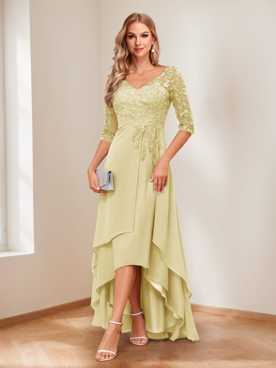 A-Line/Princess V-Neck Half Sleeves Asymmetrical Mother of the Bride Dresses with Appliques