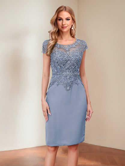 Sheath/Column Scoop Short Sleeves Mother of the Bride Dresses with Appliques & Rhinestone
