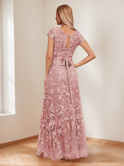 A-Line/Princess Scoop Short Sleeves Mother of the Bride Dresses with Appliques & Beading